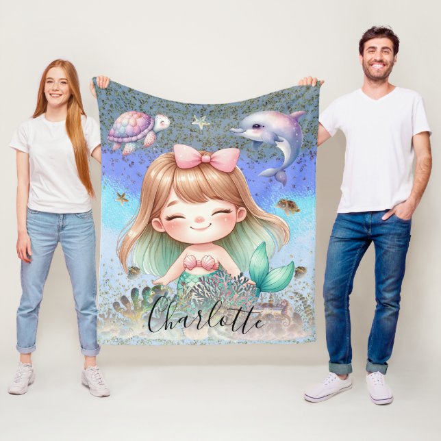 Couverture Polaire Mignonne Fille "Sirène Sous La Mer" Blonde Cheveux (En situation)