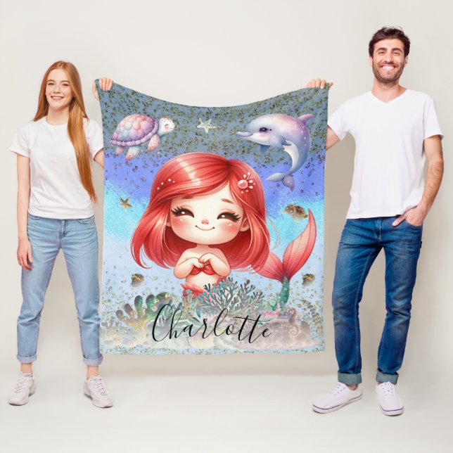 Couverture Polaire Mignonne Fille "Sirène Sous La Mer" Cheveux Rouge (En situation)