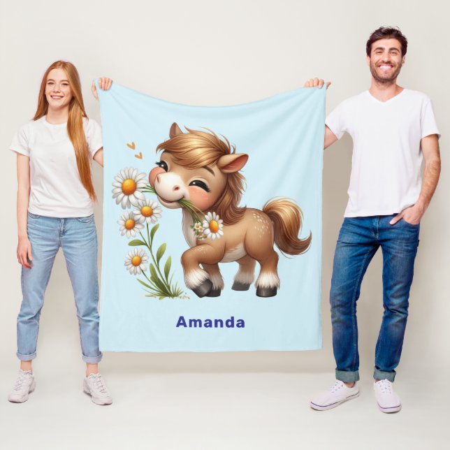Couverture Polaire Mignonne Pony Mange Manger Des Marguerites (En situation)