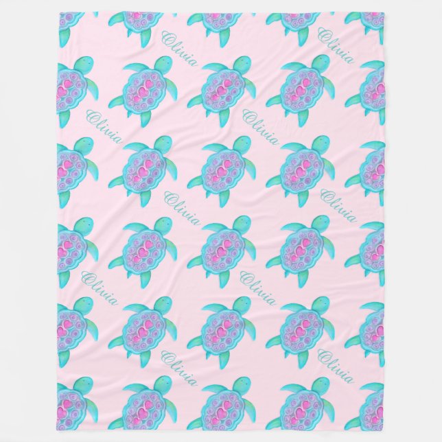 Couverture Polaire Mignonne tortue rose nom de coeur à motif couvertu (Devant)