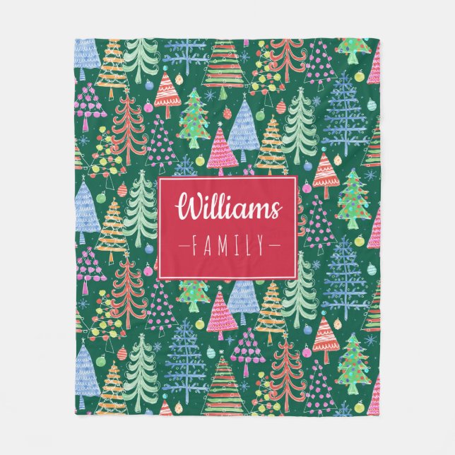 Couverture Polaire Mignons arbres de Noël sur vert Nom de famille (Devant)