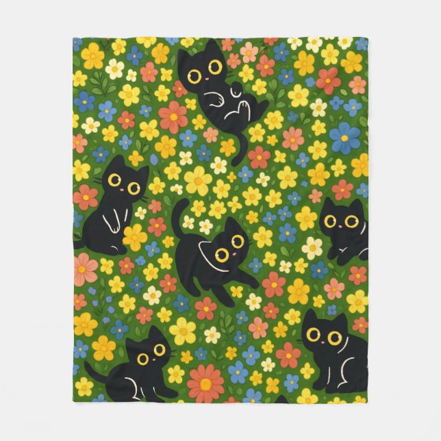 Couverture Polaire Mignons Chats Noirs Motif Floral de Prairie (Devant)