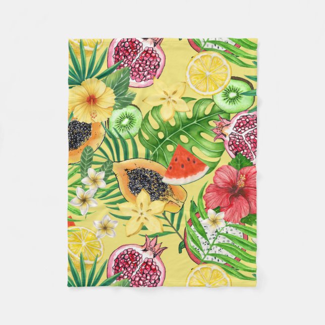 Couverture Polaire Mix-fruit tropical, fleurs et feuilles sur jaune (Devant)