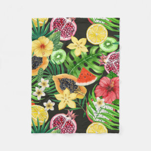 Couverture Polaire Mix-fruits tropicaux, fleurs et feuilles en noir