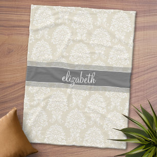 Couverture Polaire Modèle de Damas Vintage gris et lin avec nom