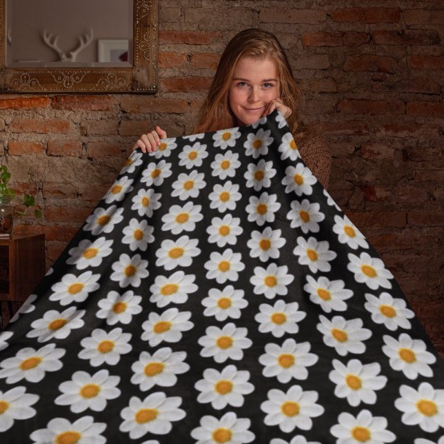 Couverture Polaire Modèle floral dahlia blanc sur noir (In Situ Front)