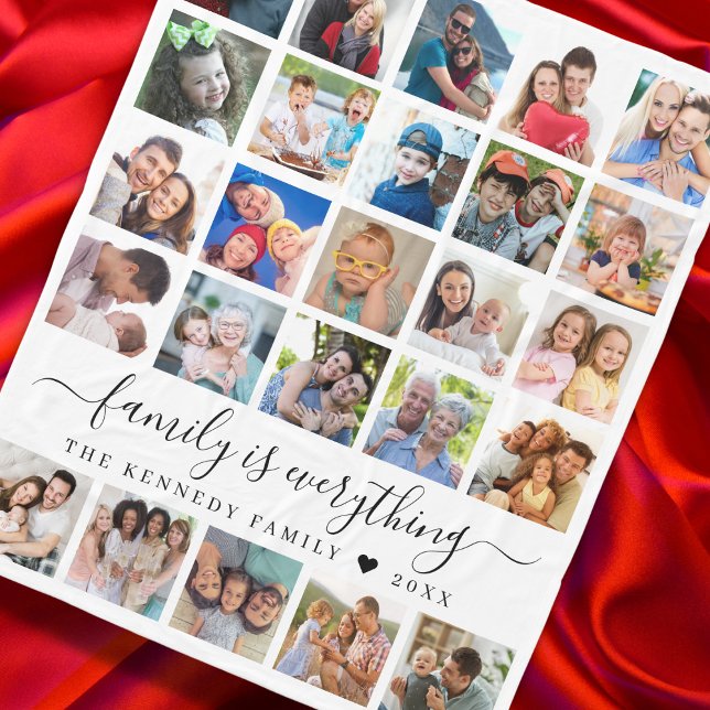 Couverture Polaire Modern 25 Photo Collage Citation Nom de famille ("Customize your 25-photo collage blanket. Tailored with family name—Family is Everything.")