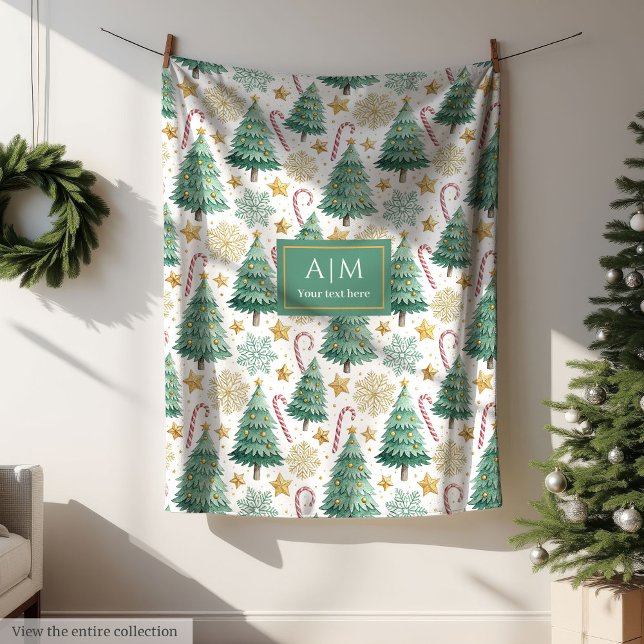 Couverture Polaire Modern red and green watercolor Christmas trees (Elegant red and gold watercolor Christmas trees blanket)