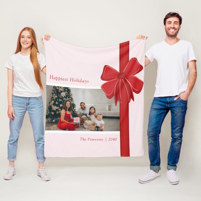 Couverture Polaire Modern Red Ribbon Bow Wrap Photo Christmas (En situation)