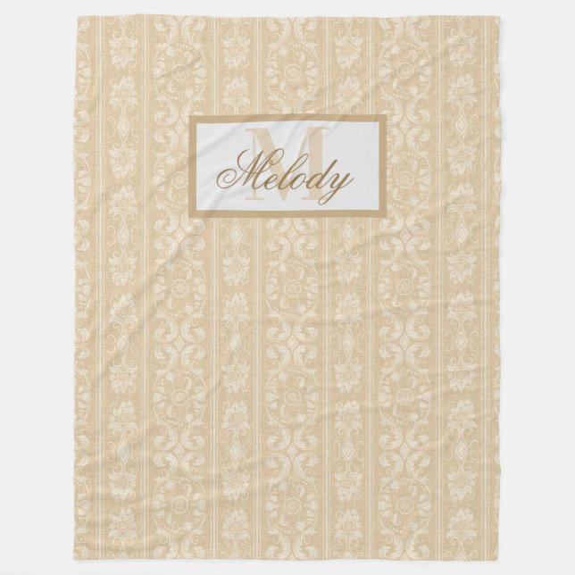 Couverture Polaire Moderne Beige et crème Floral Damask Monogramme (Devant)