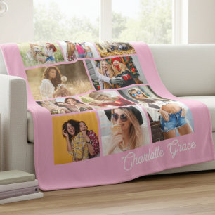 Couverture Polaire Moderne Minimaliste Rose 10 Photo Collage Avec Nom