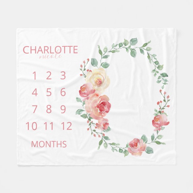 Couverture Polaire Mois Bébé rose pâle Floral Monogramme (Devant (Horizontal))