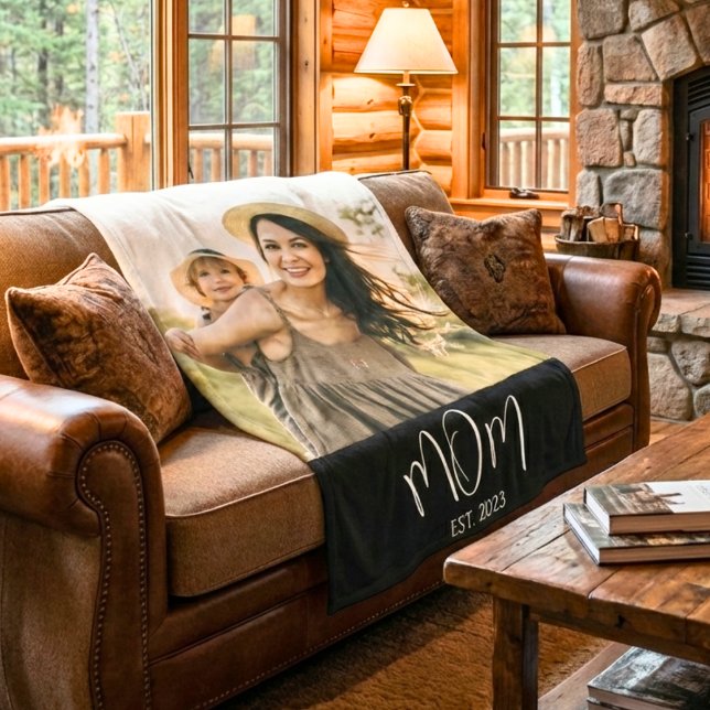 Couverture Polaire Mom Established Black Modern Script Photo (Créateur téléchargé)