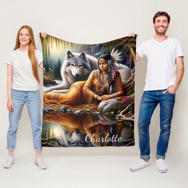 Couverture Polaire Moment tranquille : femme indienne et loup (En situation)