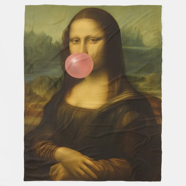 Couverture Polaire Mona Lisa soufflant de bulle rose (Devant)