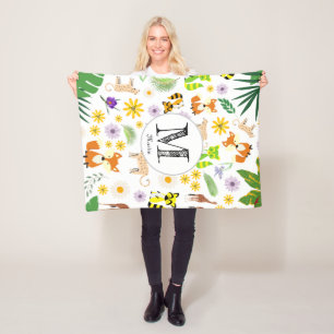 Couverture Polaire Monogramme adorable safari motif raccoons blanc