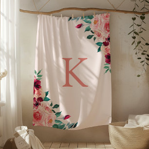 Couverture Polaire Monogramme Aquarelle Bohème Rose Florale Rose Bour