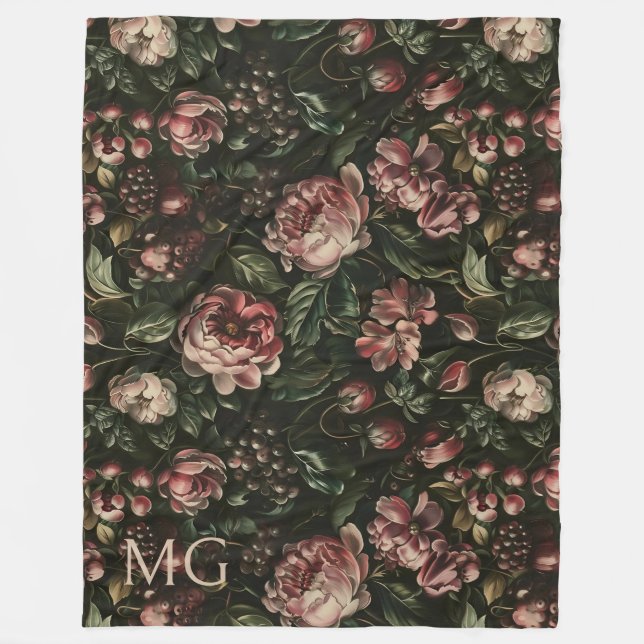 Couverture Polaire Monogramme Baroque Violet foncé Motif Floral (Devant)