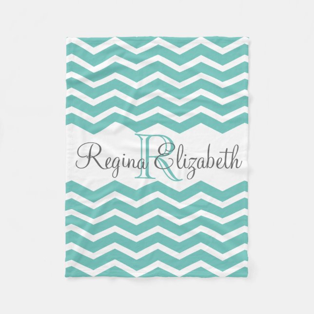 Couverture Polaire Monogramme blanc Turquoise Nom Keepsaké Chevron (Devant)