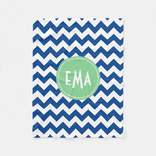 Couverture Polaire Monogramme bleu et blanc Chevron Motif géométrique (Devant)