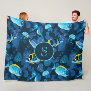Couverture Polaire Monogramme Blue Yellow Tropical Fishes Illustratio