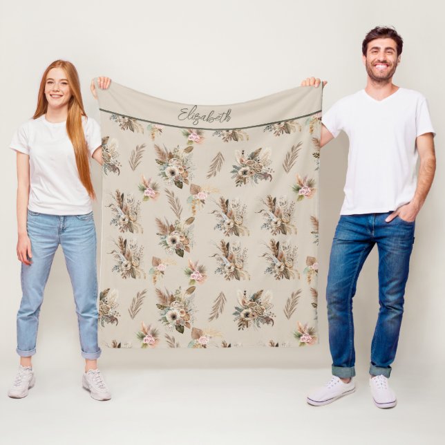 Couverture Polaire Monogramme Boho Beige Vert rose rose Floral Botani (En situation)