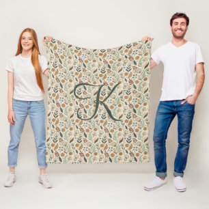 Couverture Polaire Monogramme Boho Feuilles Botanique Marron Vert Bei