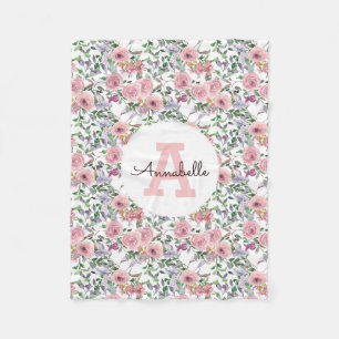 Couverture Polaire Monogramme d'aquarelle florale de rose rose rose p