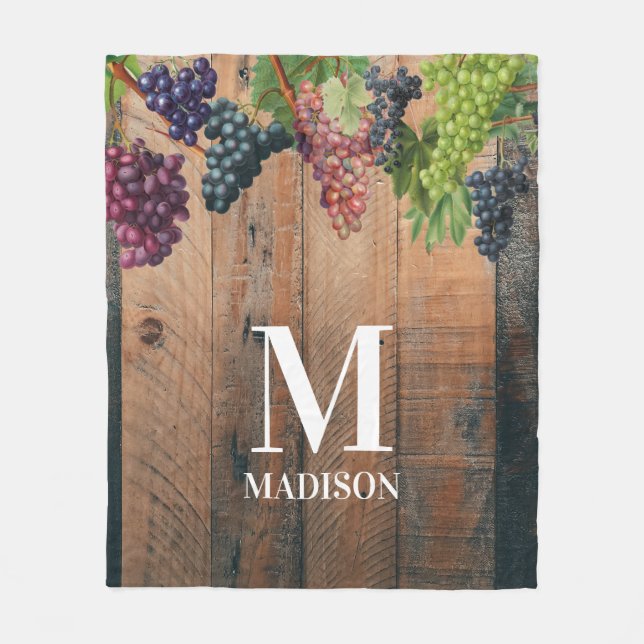 Couverture Polaire Monogramme de bois et de raisins rustiques (Devant)