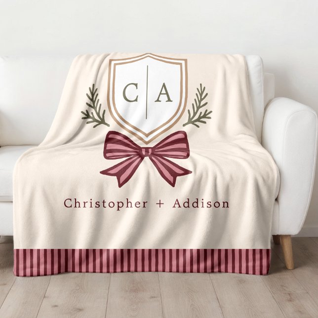 Couverture Polaire Monogramme de couple Noms Crest Bow Noël (Créateur téléchargé)
