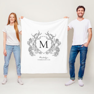 Couverture Polaire Monogramme de crête florale noir et blanc classiqu