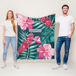 Couverture Polaire Monogramme de fleurs roses exotiques