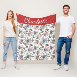 Couverture Polaire Monogramme de Noël à l'aquarelle de baie rouge