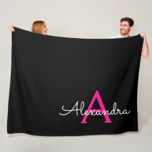 Couverture Polaire Monogramme de nom féminin écriture noire rose chau