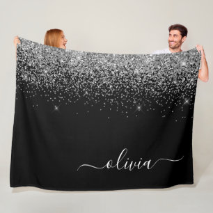 Couverture Polaire Monogramme de nom girly en script pailleté noir ar