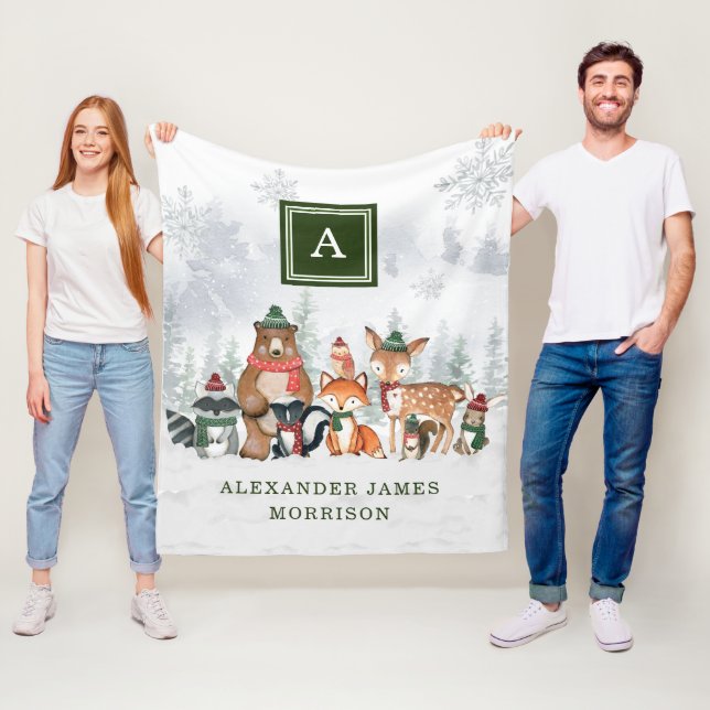 Couverture Polaire Monogramme des animaux de la forêt boisée d'hiver  (En situation)