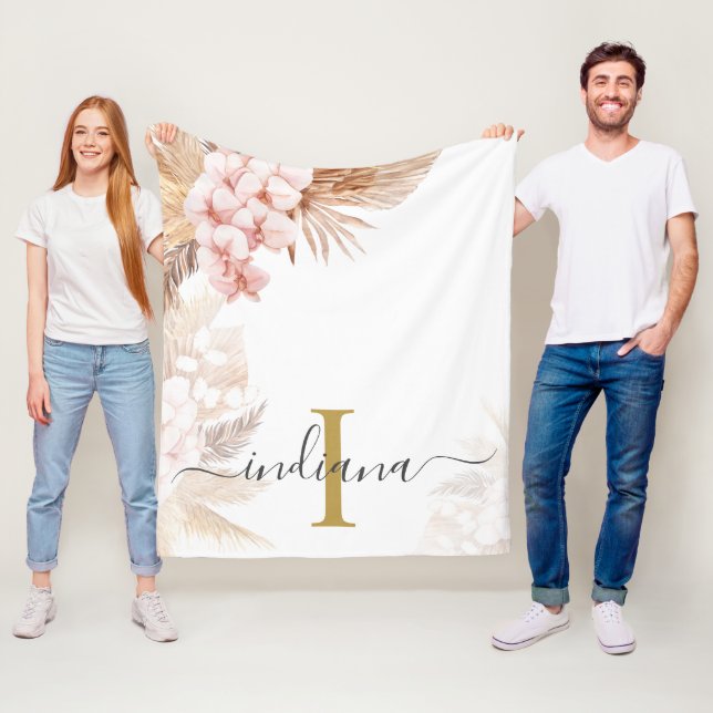 Couverture Polaire Monogramme écriture Pampas Herbe Nom Initial Palmi (En situation)