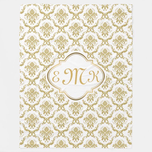 Couverture Polaire Monogramme Elégant Blanc & Or Floral Damas (Devant)