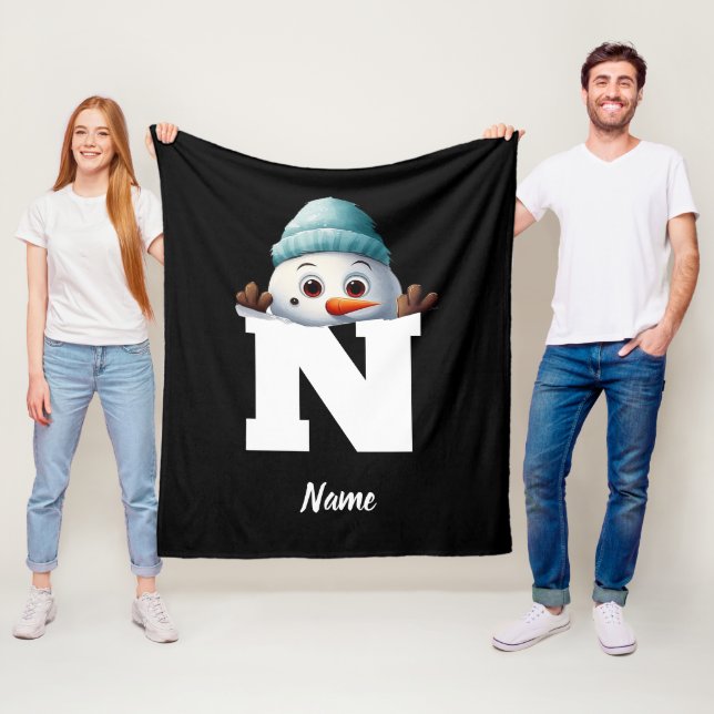 Couverture Polaire Monogramme Famille Noël Custom mignon Snowman (En situation)