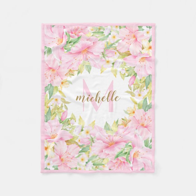 Couverture Polaire Monogramme floral Botanique Blush Rose Baby Girl (Devant)