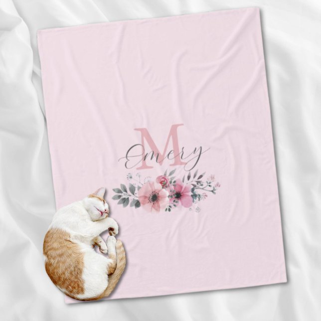 Couverture Polaire monogramme floral botanique chic rose (Botanical chic pink watercolor floral monogram fleece blanket)