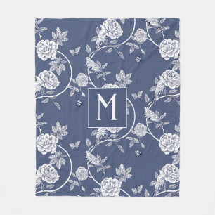 Couverture Polaire Monogramme floral de la Chinoiserie bleue