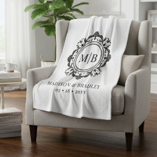 Couverture Polaire Monogramme Floral Orné Mariage Élégant noir blanc