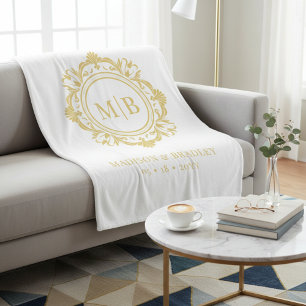 Couverture Polaire Monogramme Floral Orné Mariage Élégant Or Blanc