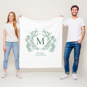 Couverture Polaire Monogramme floral vintage vert émeraude