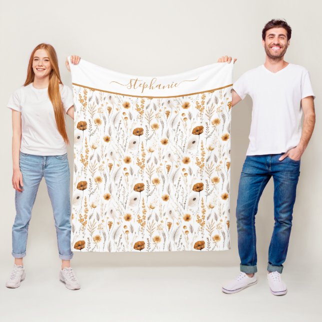 Couverture Polaire Monogramme Gris Beige Brown Blanc Boho Floral (En situation)