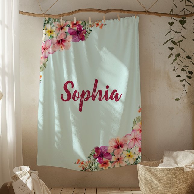 Couverture Polaire Monogramme Hibiscus rose Fleurs tropicales florale (In situ)