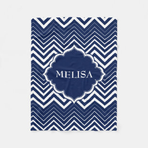 Couverture Polaire Monogramme Marine Bleu Et Blanc Zigzag Chevron