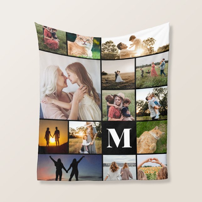 Couverture Polaire Monogramme moderne Personnalisé 14 Photo Collage (Créateur téléchargé)