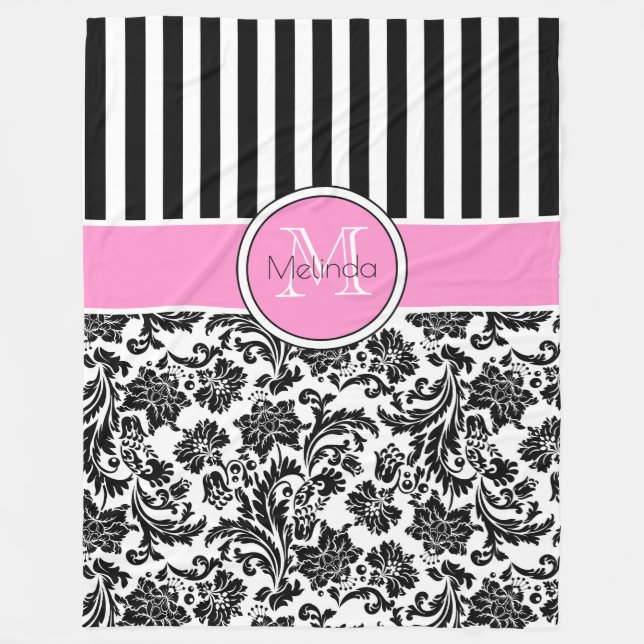 Couverture Polaire Monogramme noir & blanc Damas & rayures (Devant)